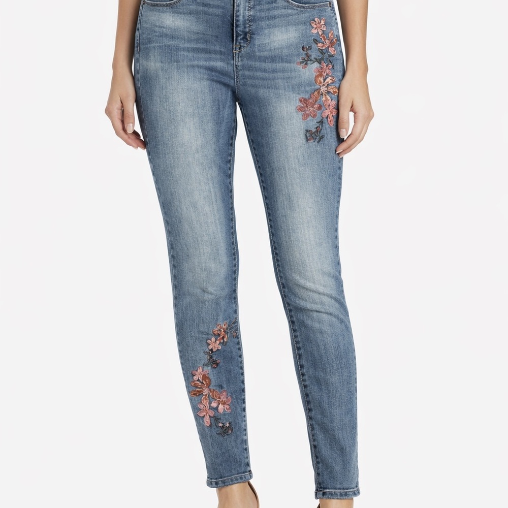 Nine West Medium Blue Skinny Jeans with Pink Floral Embroidery